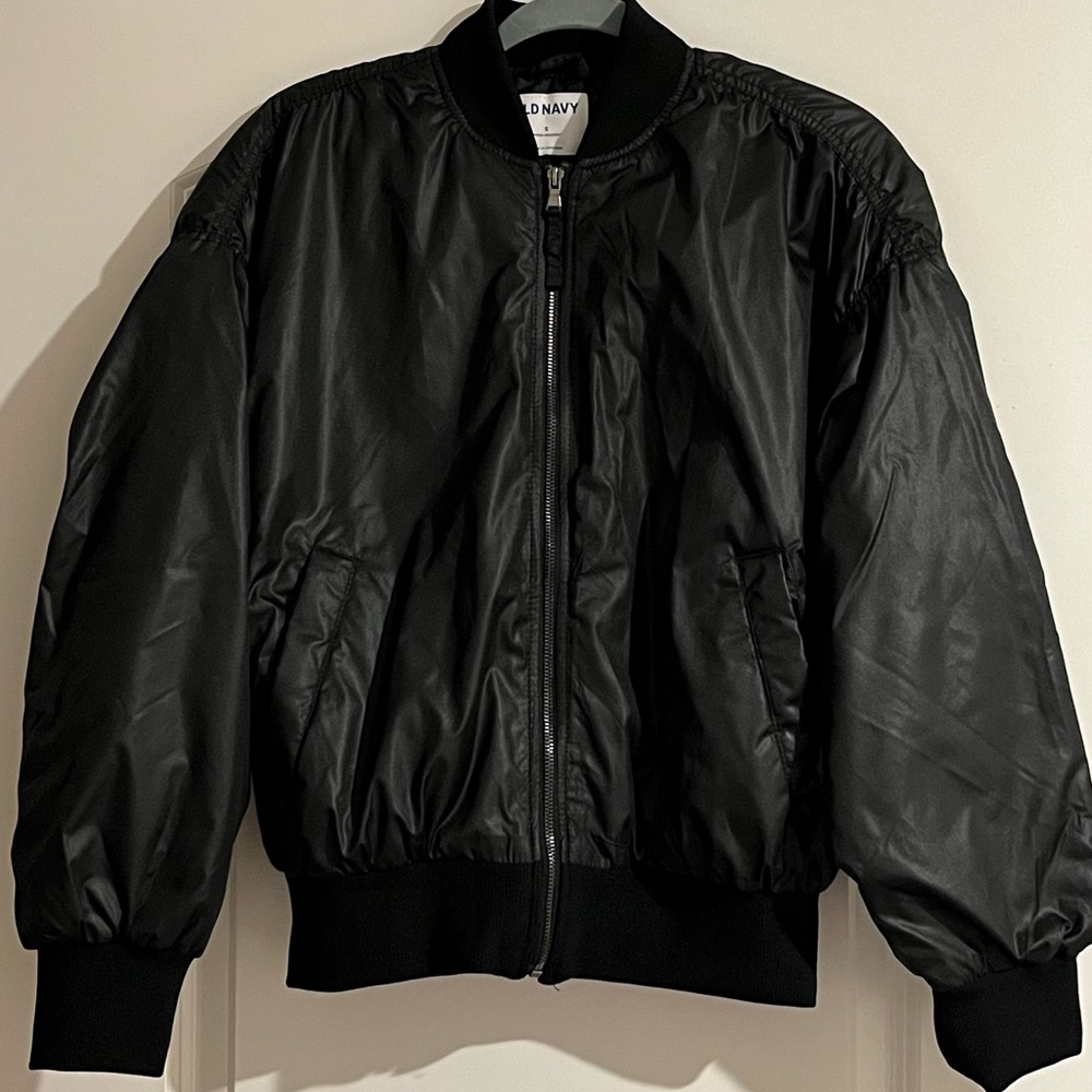 Old Navy Oversized Water Resistant Black Bomber Jacket Full Zip Pockets S